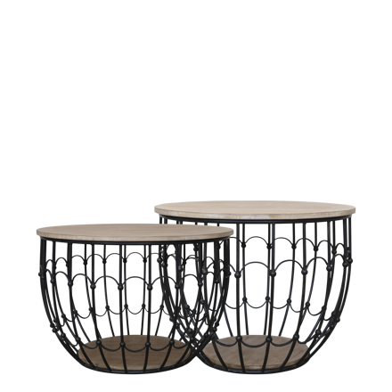 SET Kovových konferenčných stolikov s dreveným poklopom V42/H57 cm starožitná čiernaV39/H49 cm cm starožitná čierna